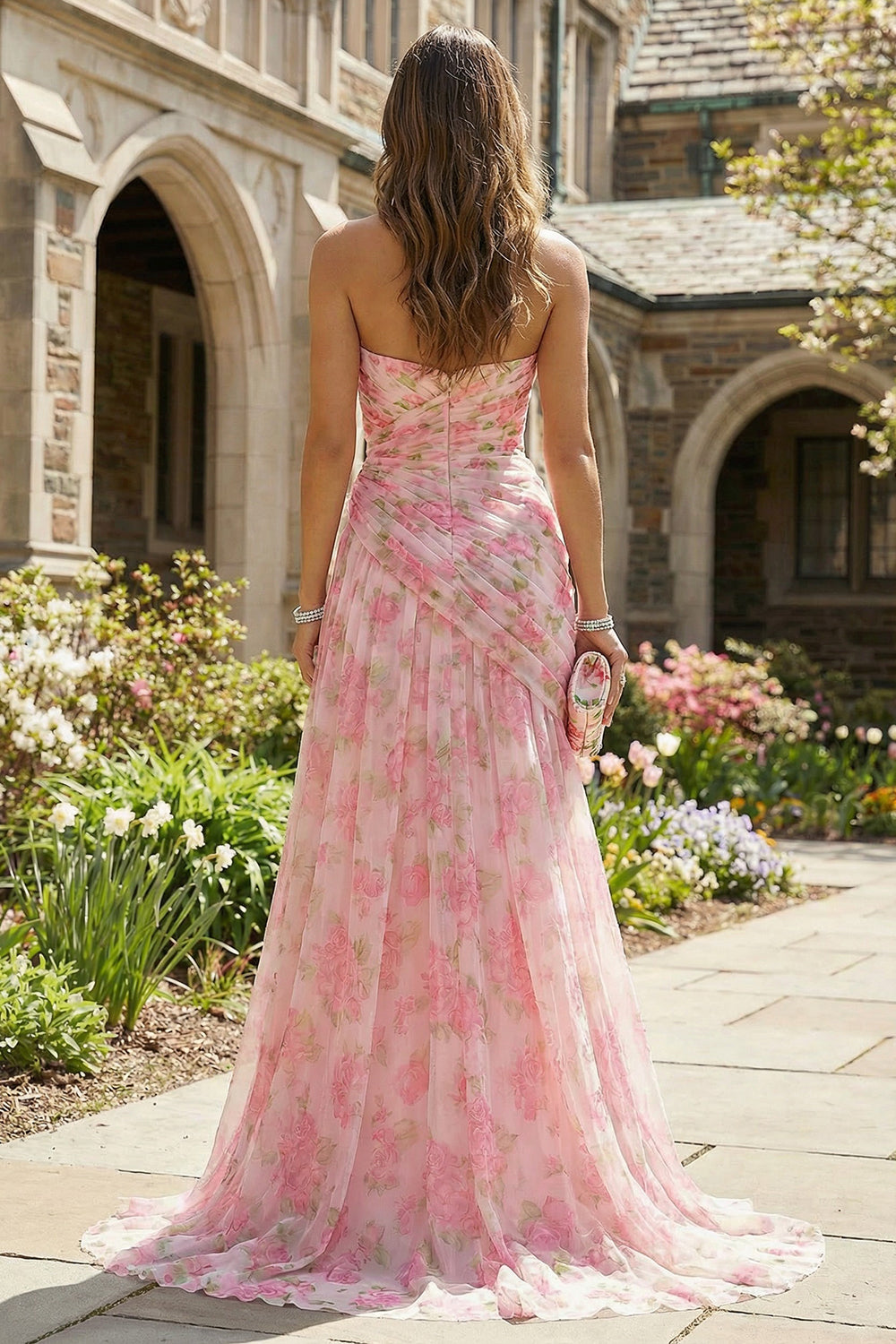 Pink Floral Sheath Sweetheart Long Prom Dress with Slit