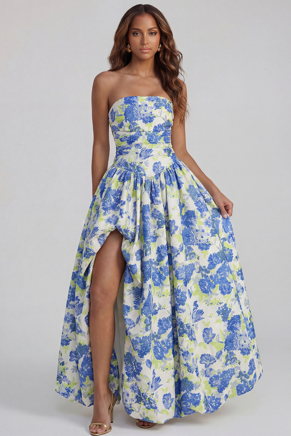 Floral Blue and White Strapless A Line Long Prom Dress with Slit
