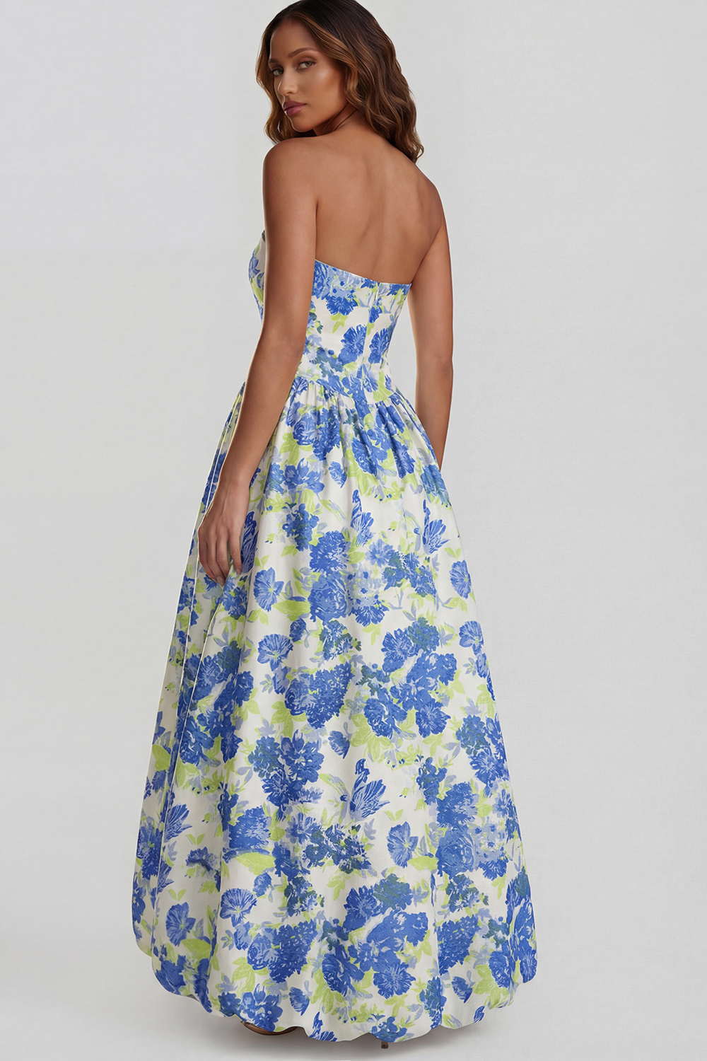 Floral Blue and White Strapless A Line Long Prom Dress with Slit