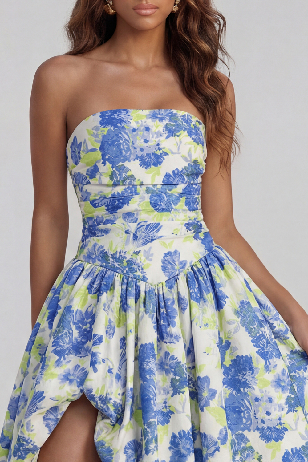 Floral Blue and White Strapless A Line Long Prom Dress with Slit