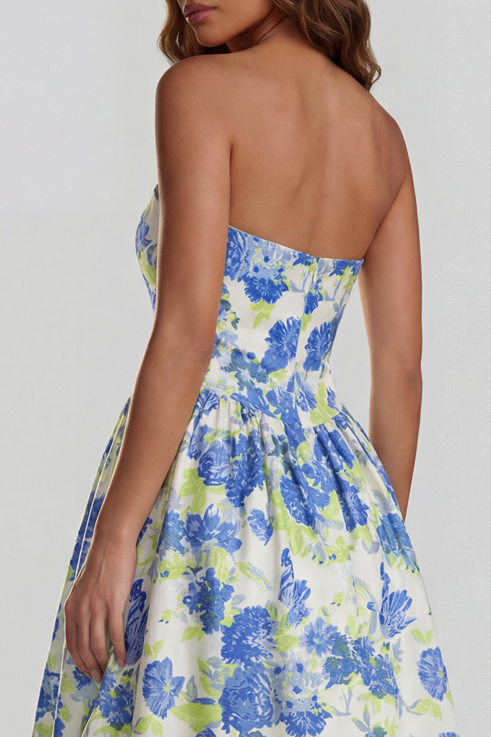 Floral Blue and White Strapless A Line Long Prom Dress with Slit