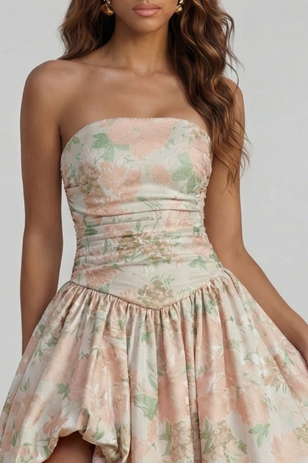 Floral Blue and White Strapless A Line Long Prom Dress with Slit