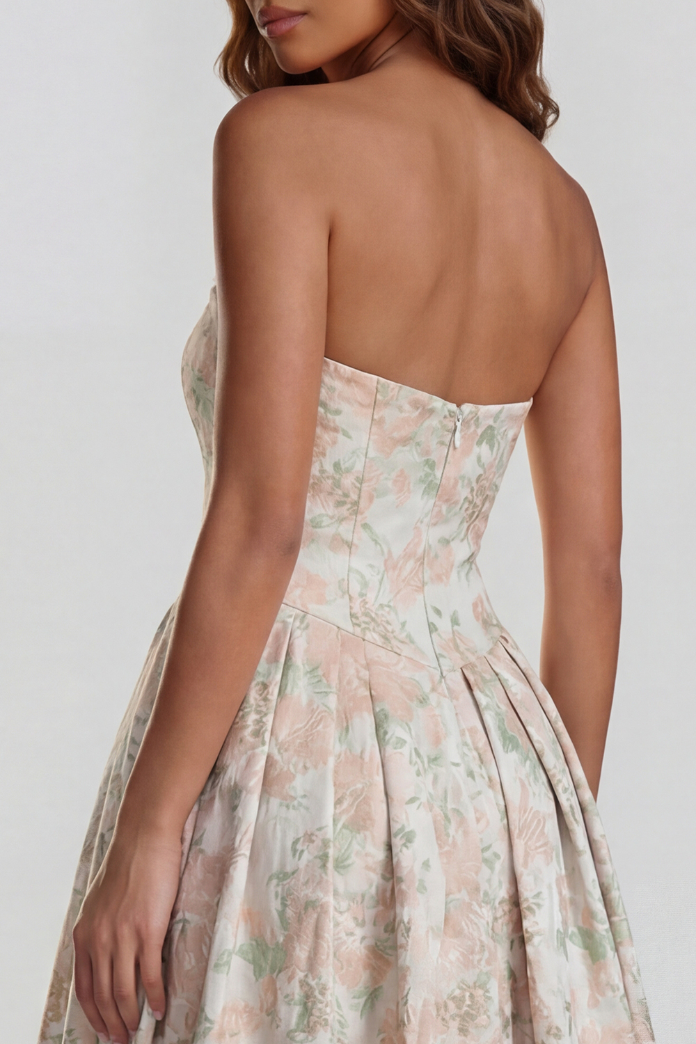 Floral Blue and White Strapless A Line Long Prom Dress with Slit