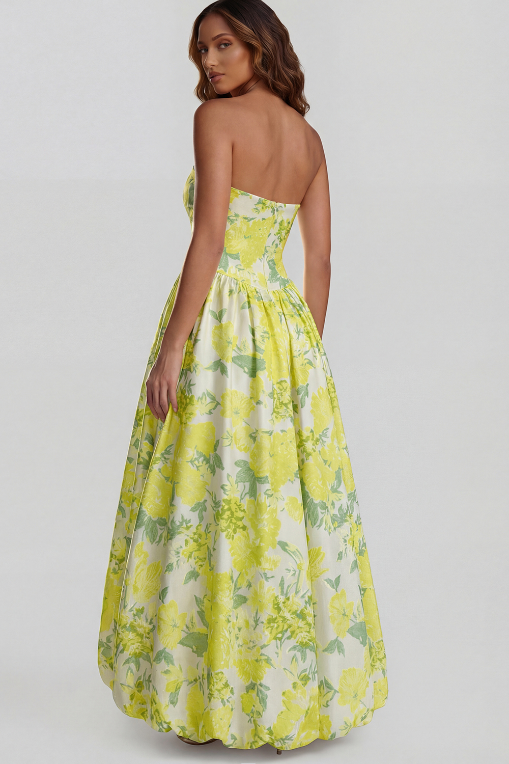 Floral Blue and White Strapless A Line Long Prom Dress with Slit