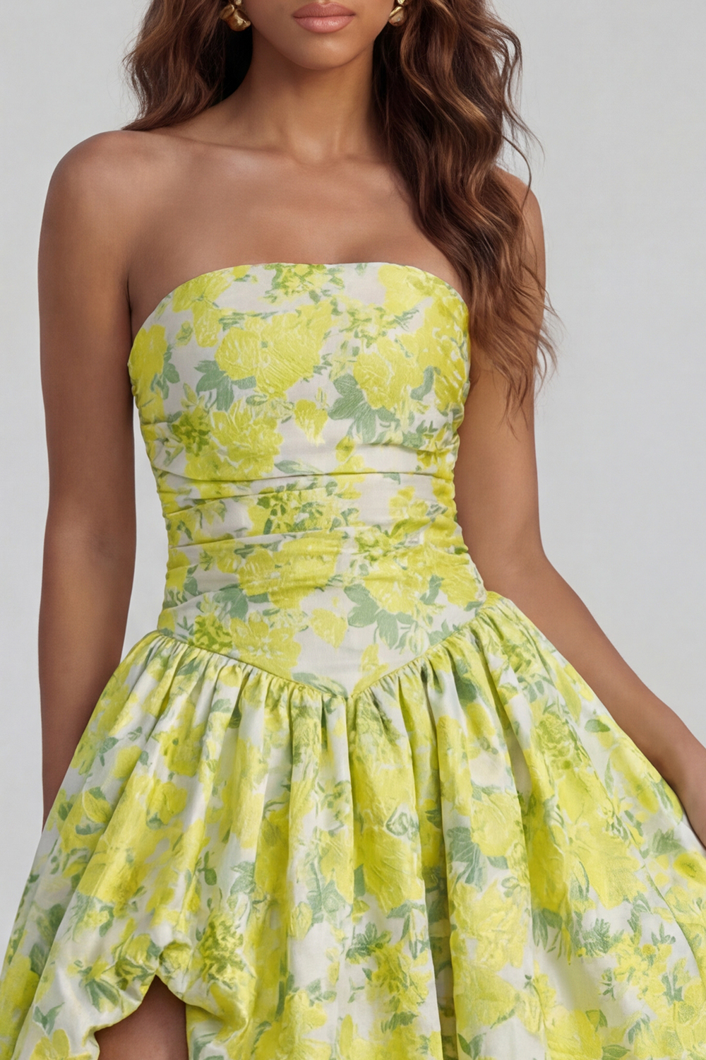 Floral Blue and White Strapless A Line Long Prom Dress with Slit