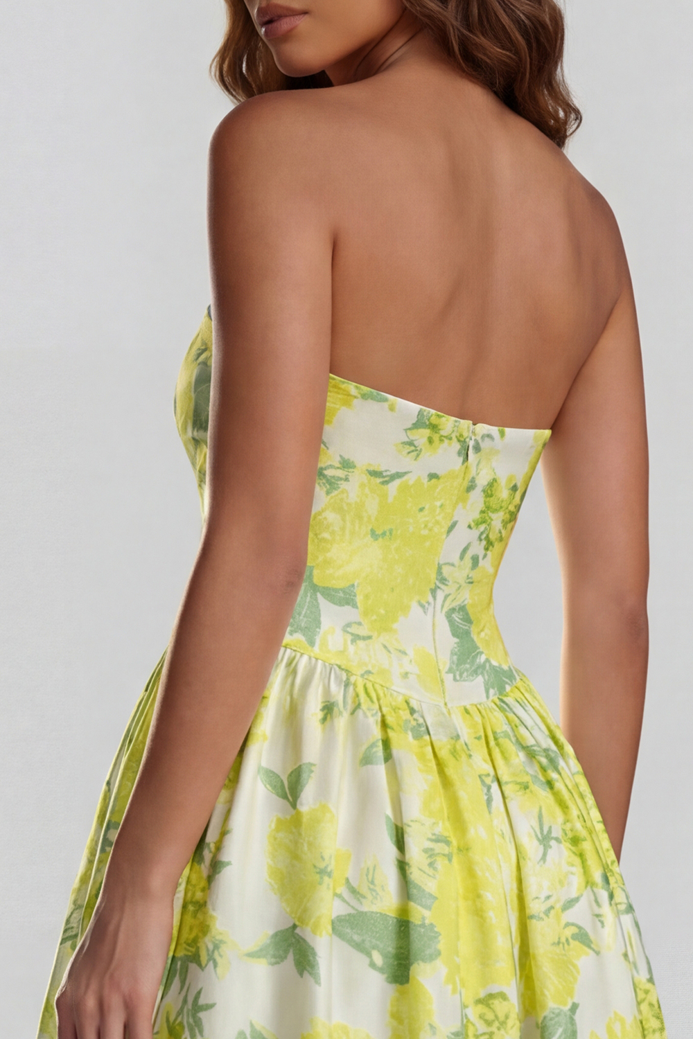 Floral Blue and White Strapless A Line Long Prom Dress with Slit