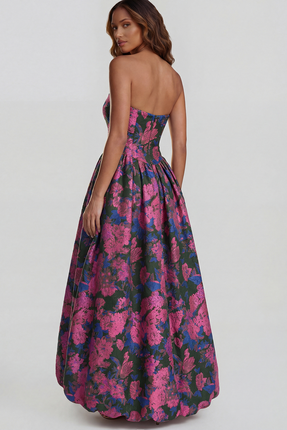 Floral Blue and White Strapless A Line Long Prom Dress with Slit