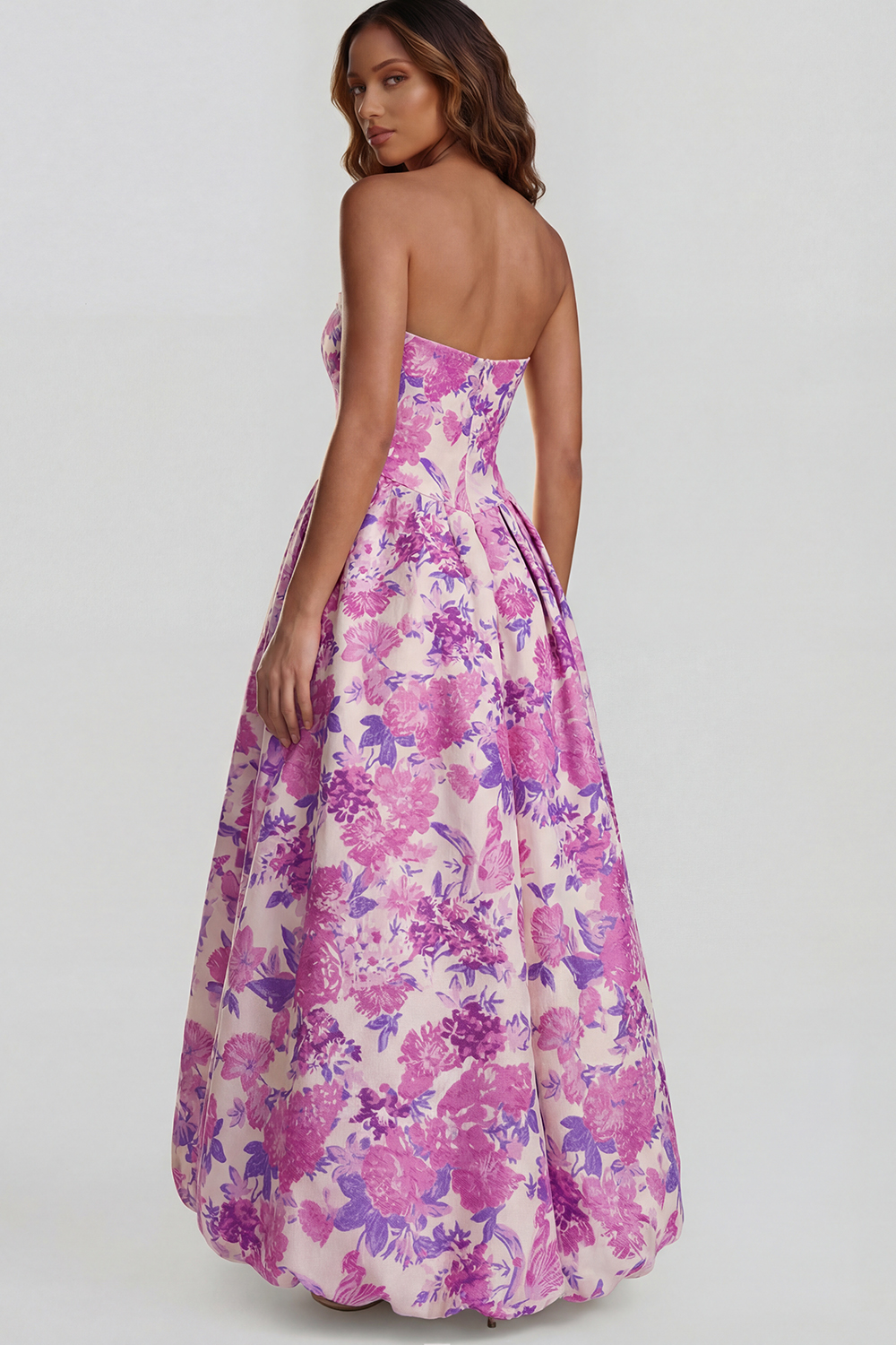 Floral Blue and White Strapless A Line Long Prom Dress with Slit