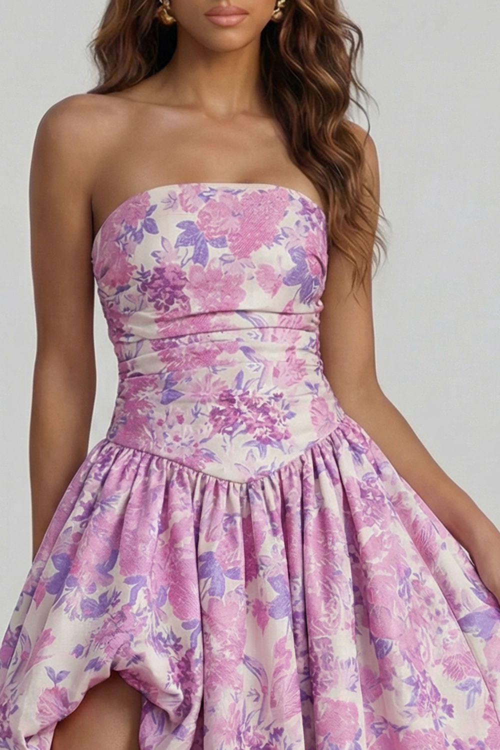 Floral Blue and White Strapless A Line Long Prom Dress with Slit