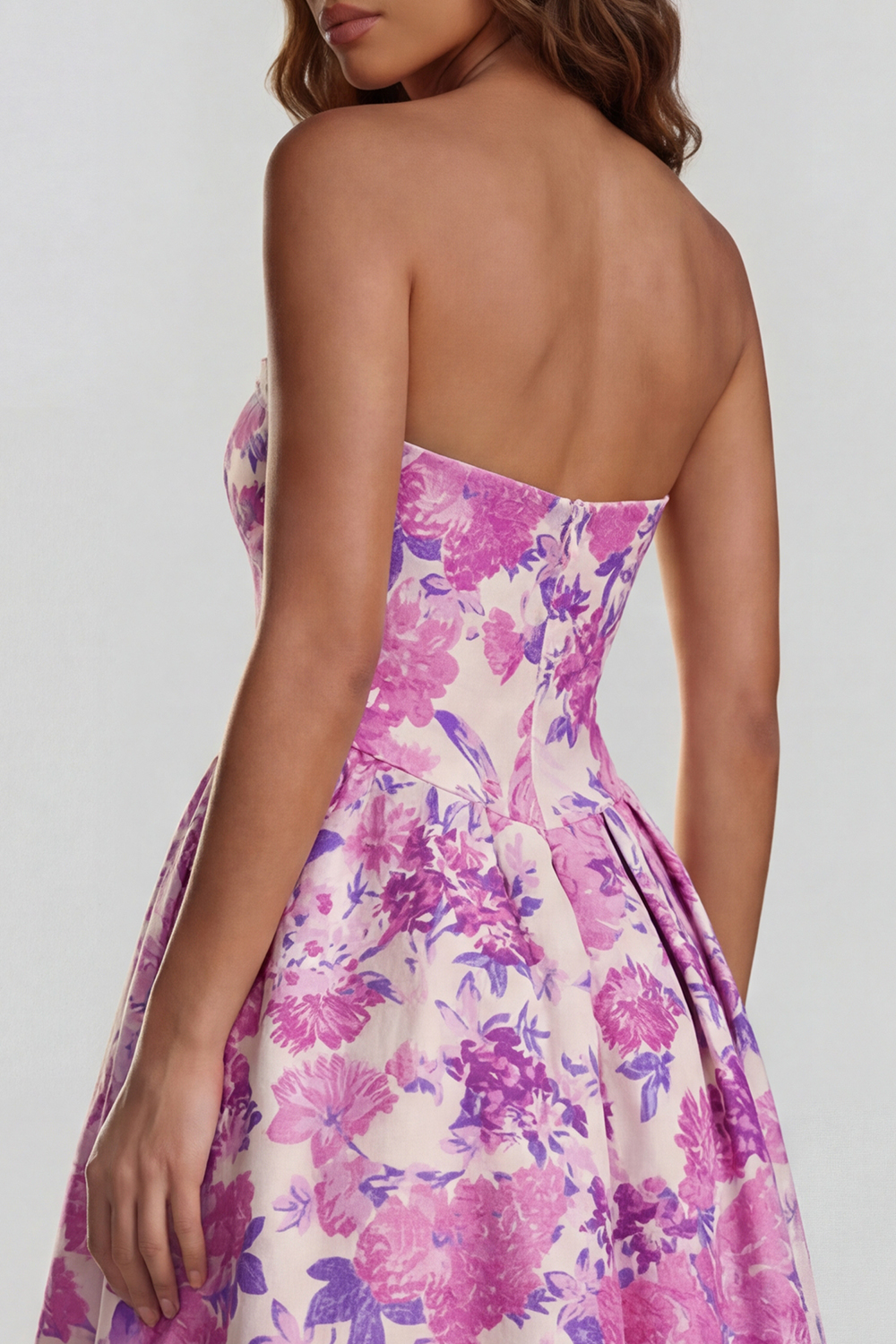 Floral Blue and White Strapless A Line Long Prom Dress with Slit