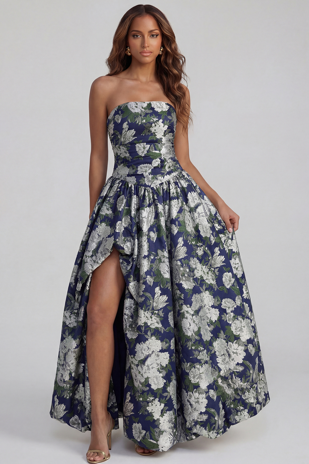 Floral Blue and White Strapless A Line Long Prom Dress with Slit