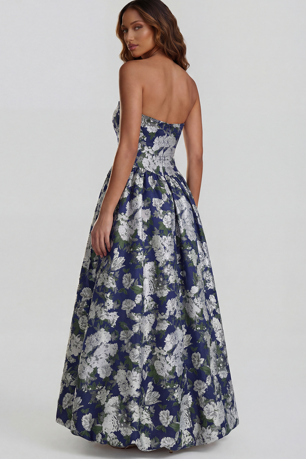 Floral Blue and White Strapless A Line Long Prom Dress with Slit