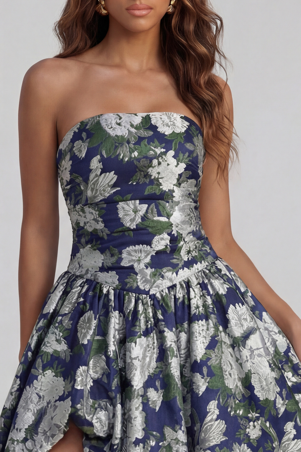 Floral Blue and White Strapless A Line Long Prom Dress with Slit