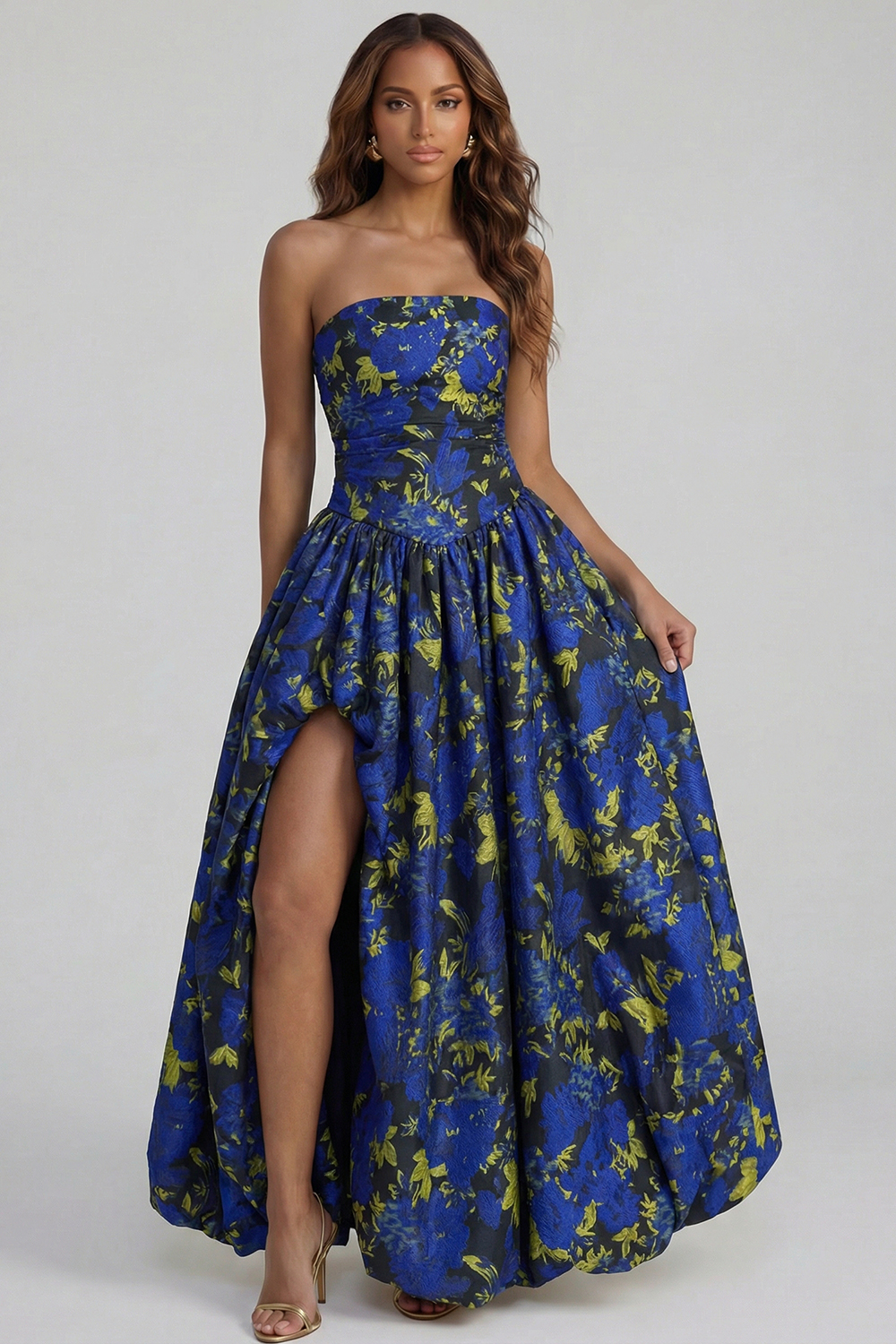 Floral Blue and White Strapless A Line Long Prom Dress with Slit
