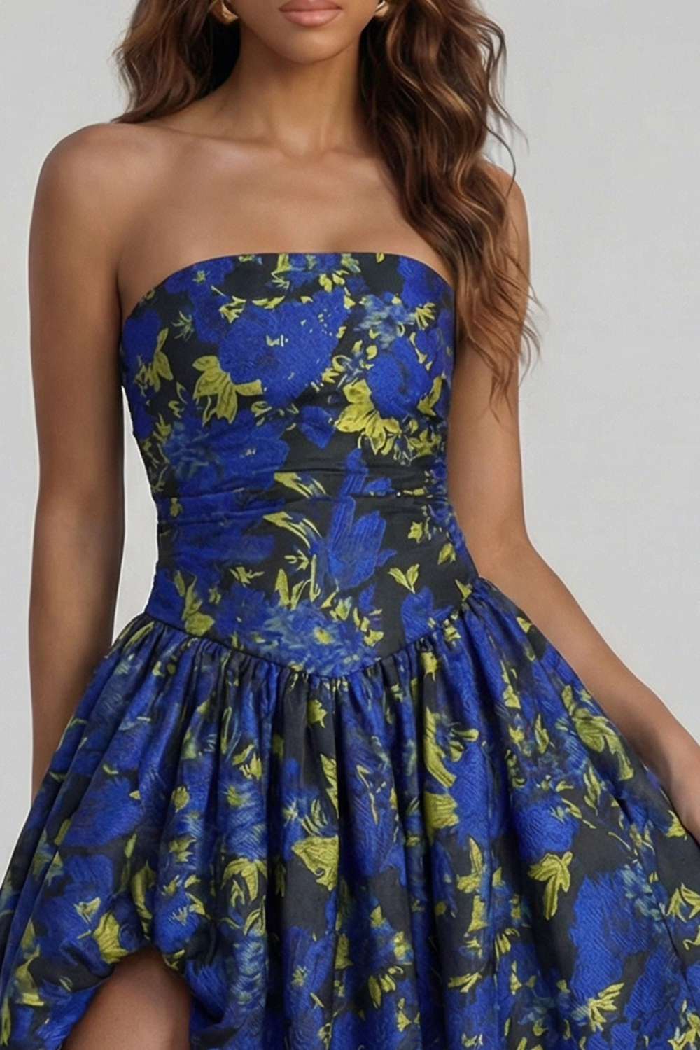 Floral Blue and White Strapless A Line Long Prom Dress with Slit