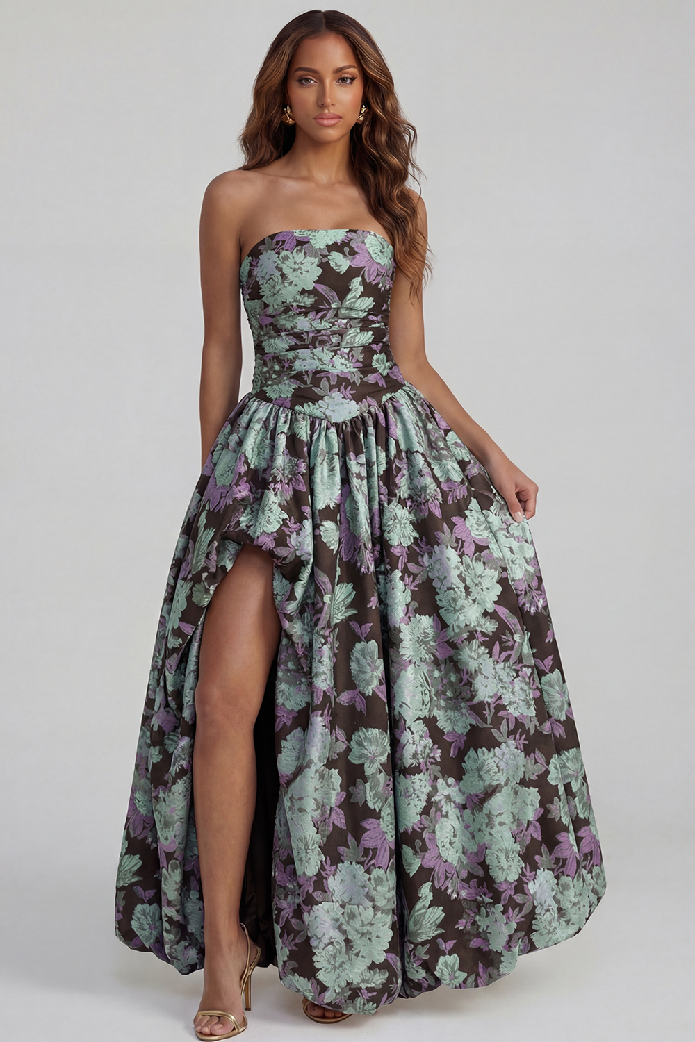 Floral Blue and White Strapless A Line Long Prom Dress with Slit