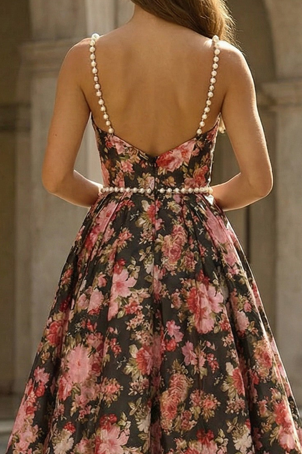 Black and Pink Floral A Line Spaghetti Straps Long Prom Dress with Pearls