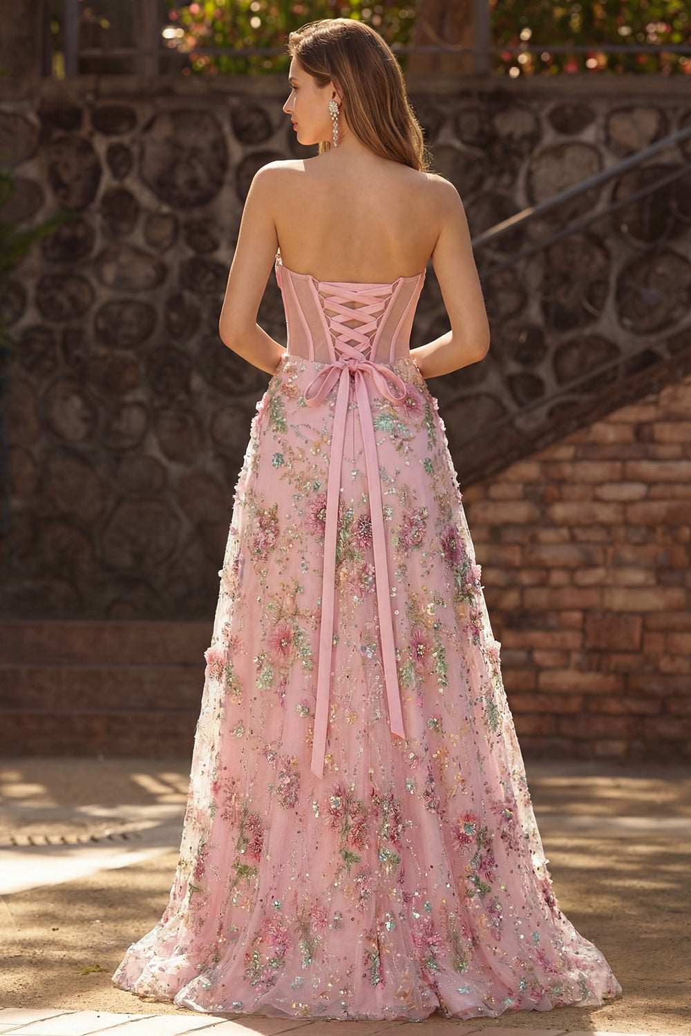 Sparkly Pink Floral Sweetheart A Line Long Corset Prom Dress with Slit