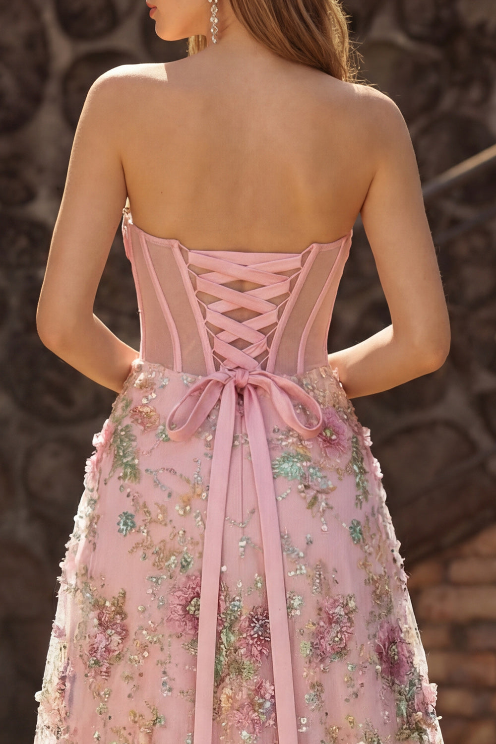 Sparkly Pink Floral Sweetheart A Line Long Corset Prom Dress with Slit