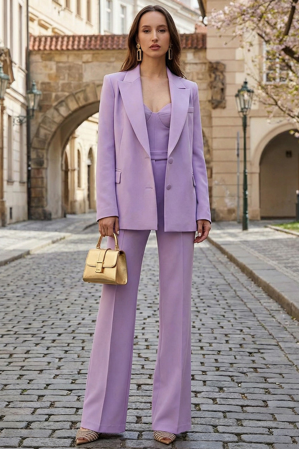 2 Piece Lilac Wide Leg Single Breasted Business Suits
