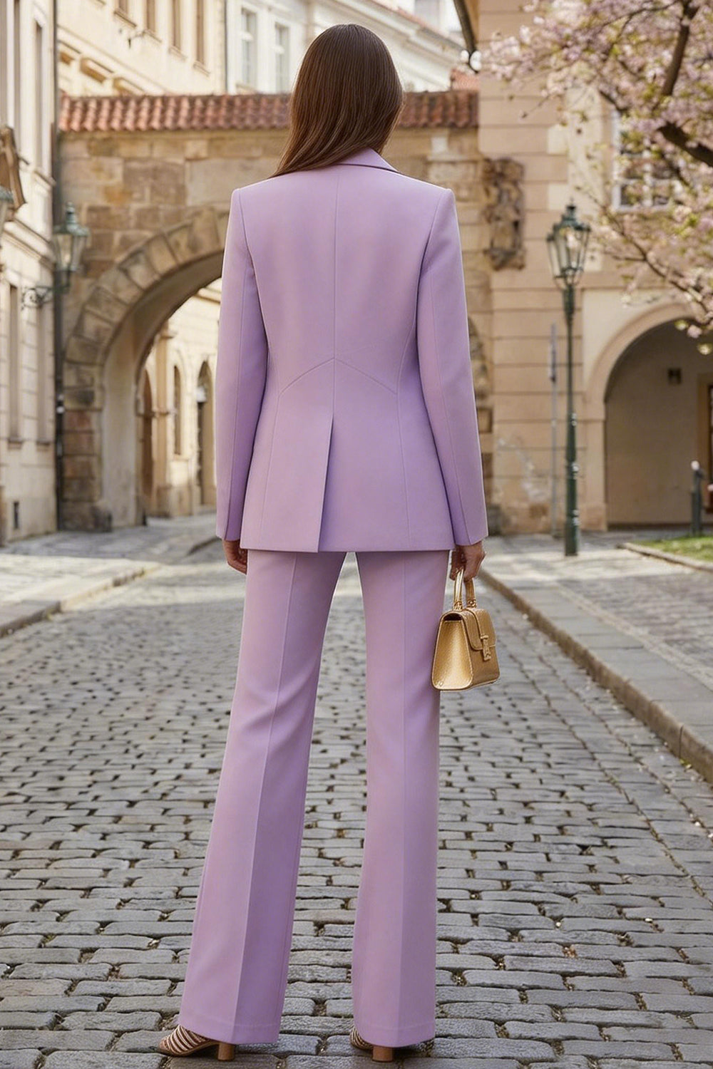 2 Piece Lilac Wide Leg Single Breasted Business Suits