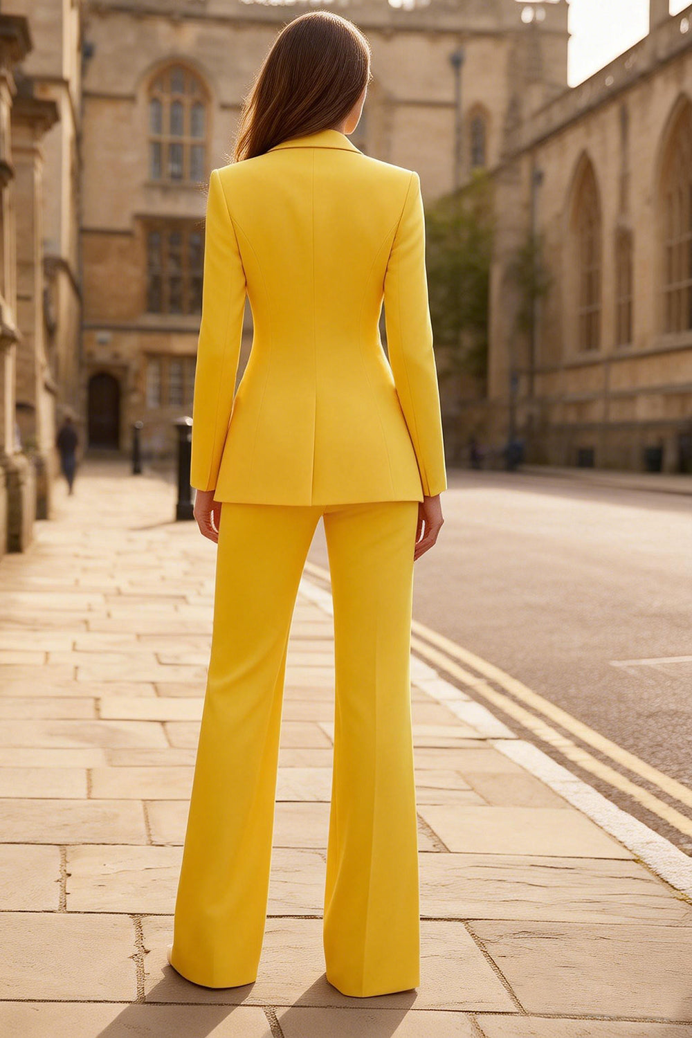 Yellow 2 Piece Peak Lapel Single Breasted Wide Leg Business Suits