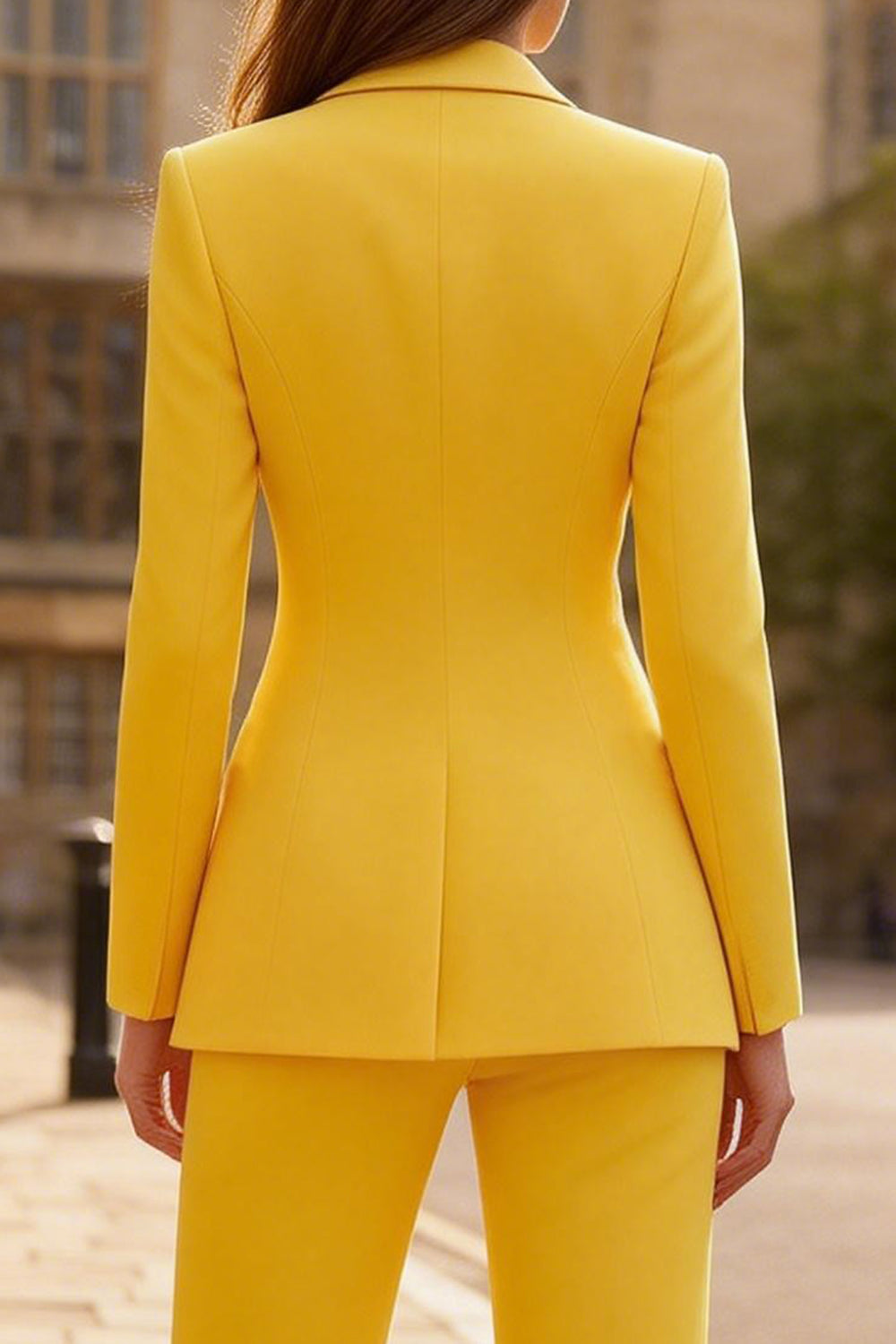 Yellow 2 Piece Peak Lapel Single Breasted Wide Leg Business Suits