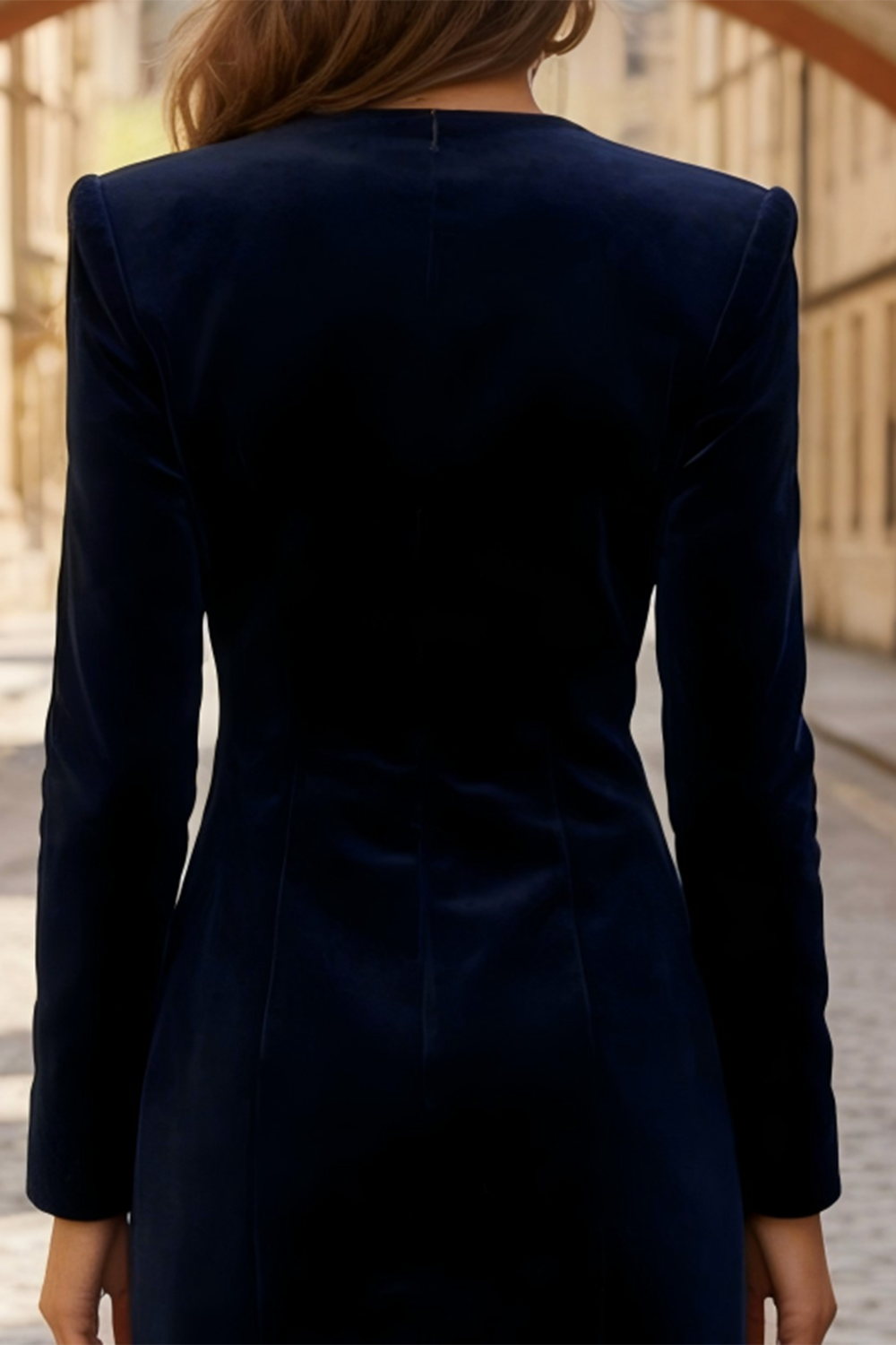 Navy Bodycon Round Neck Short Work Dress with Buttons