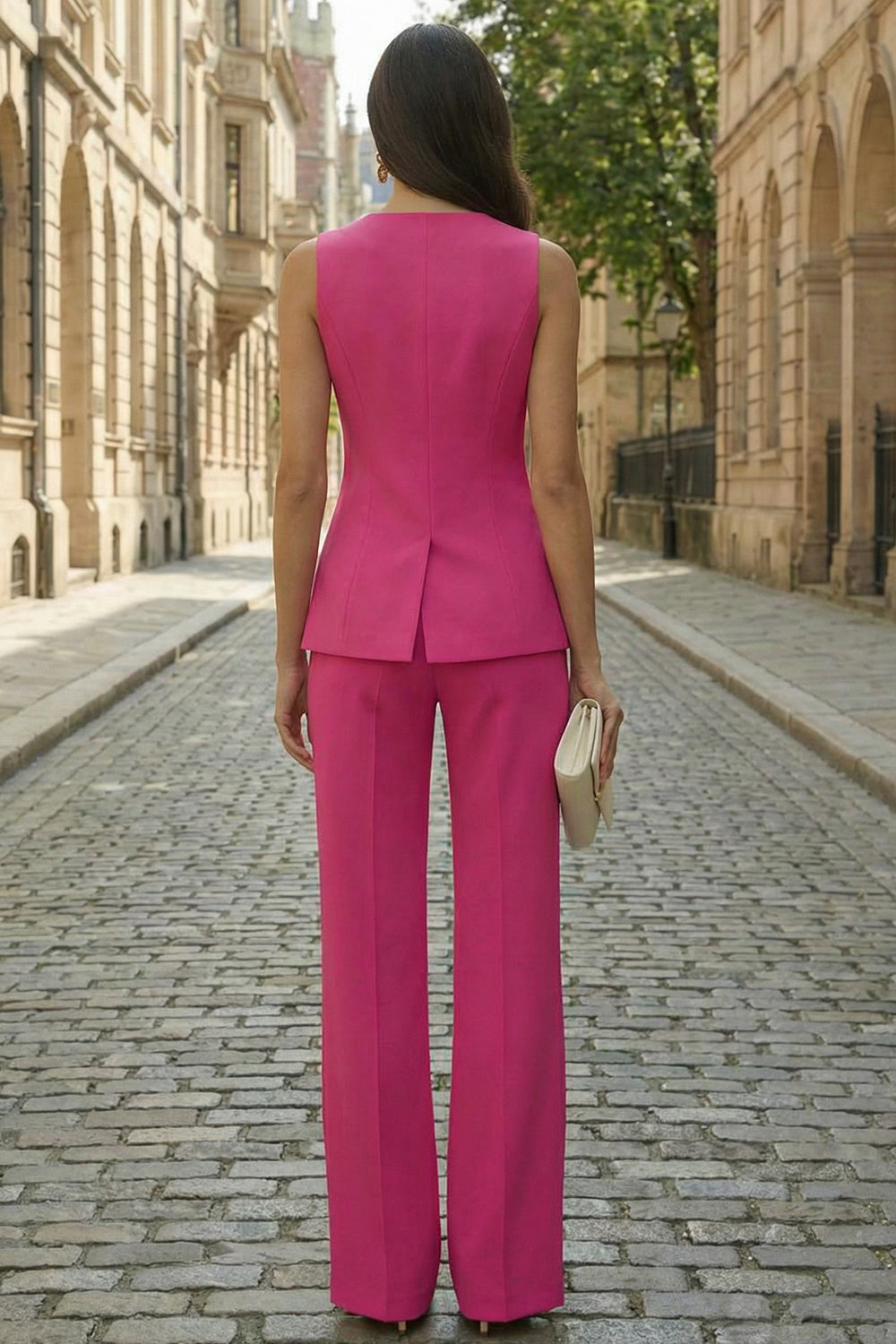 2 Piece Fuchsia Single Breasted V Neck Business Suits