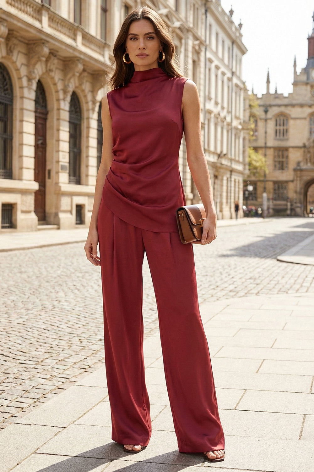 Burgundy 2 Piece Wide Leg High Neck Business Suits