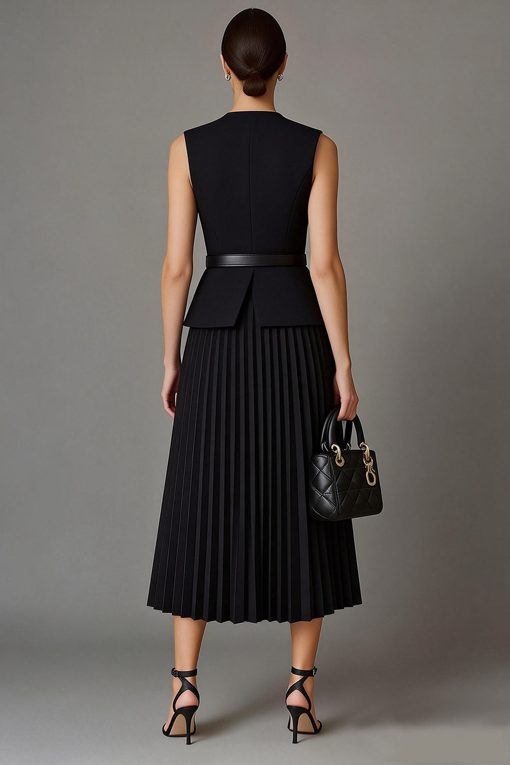 Black 2 Piece A Line Round Neck Single Breasted Midi Business Suits with Belt