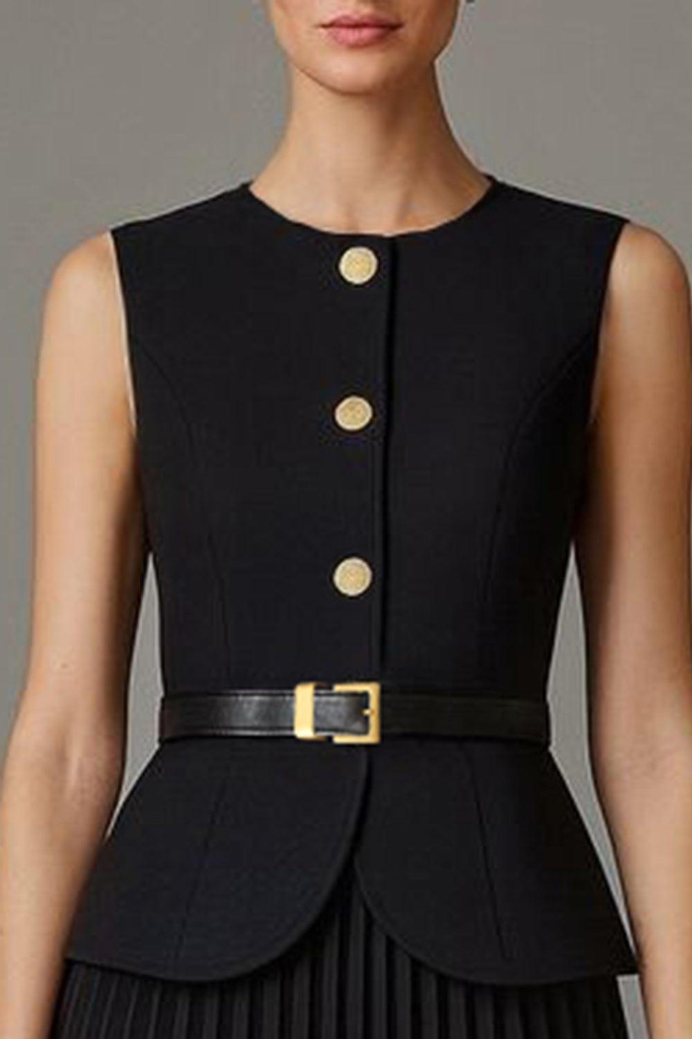 Black 2 Piece A Line Round Neck Single Breasted Midi Business Suits with Belt