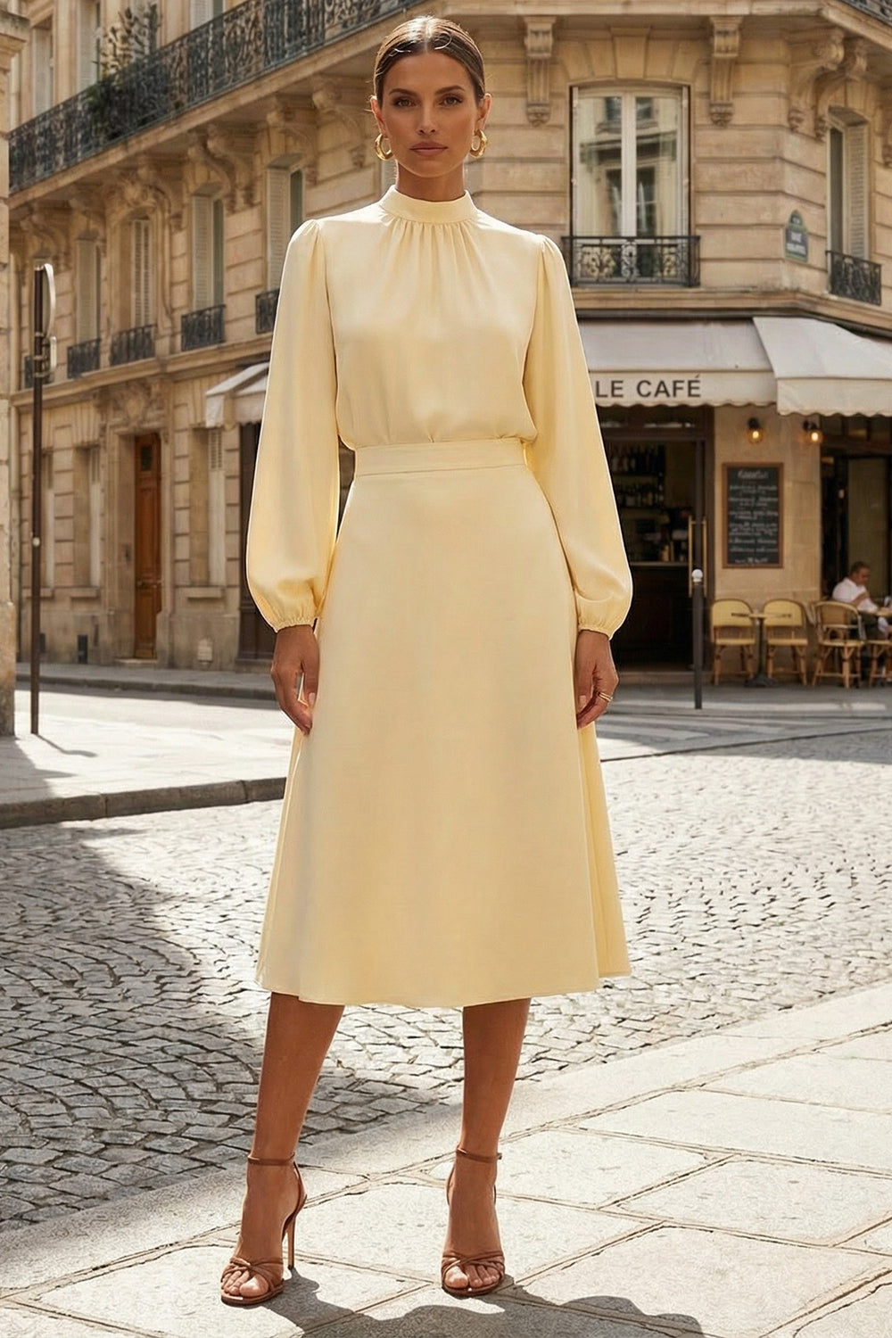 Modest Daffodil High Neck A Line Midi Work Dress with Sleeves
