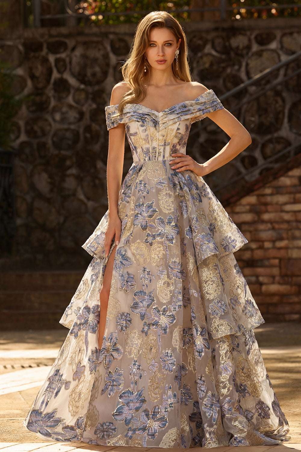 Floral Dusty Blue Off the Shoulder Ruffled Long Corset Prom Dress with Cape