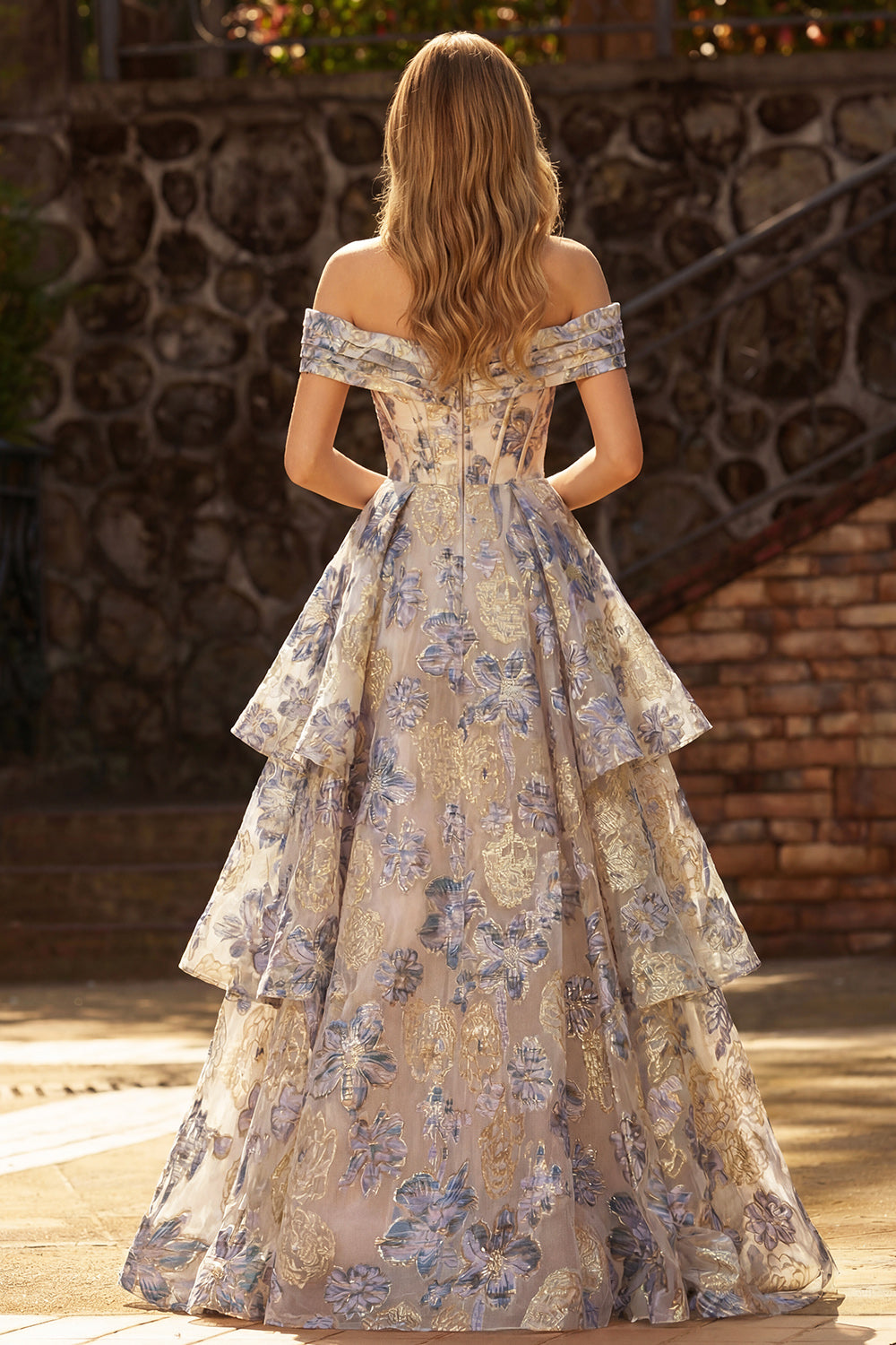 Floral Dusty Blue Off the Shoulder Ruffled Long Corset Prom Dress with Cape