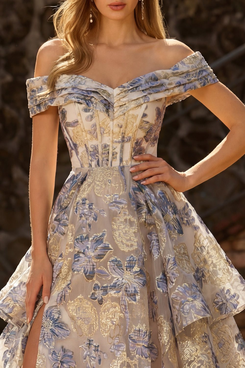 Floral Dusty Blue Off the Shoulder Ruffled Long Corset Prom Dress with Cape