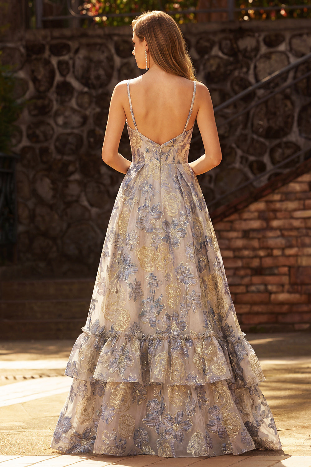 Floral Dusty Blue Jacquard Ruffled Long Corset Prom Dress with Ruffles