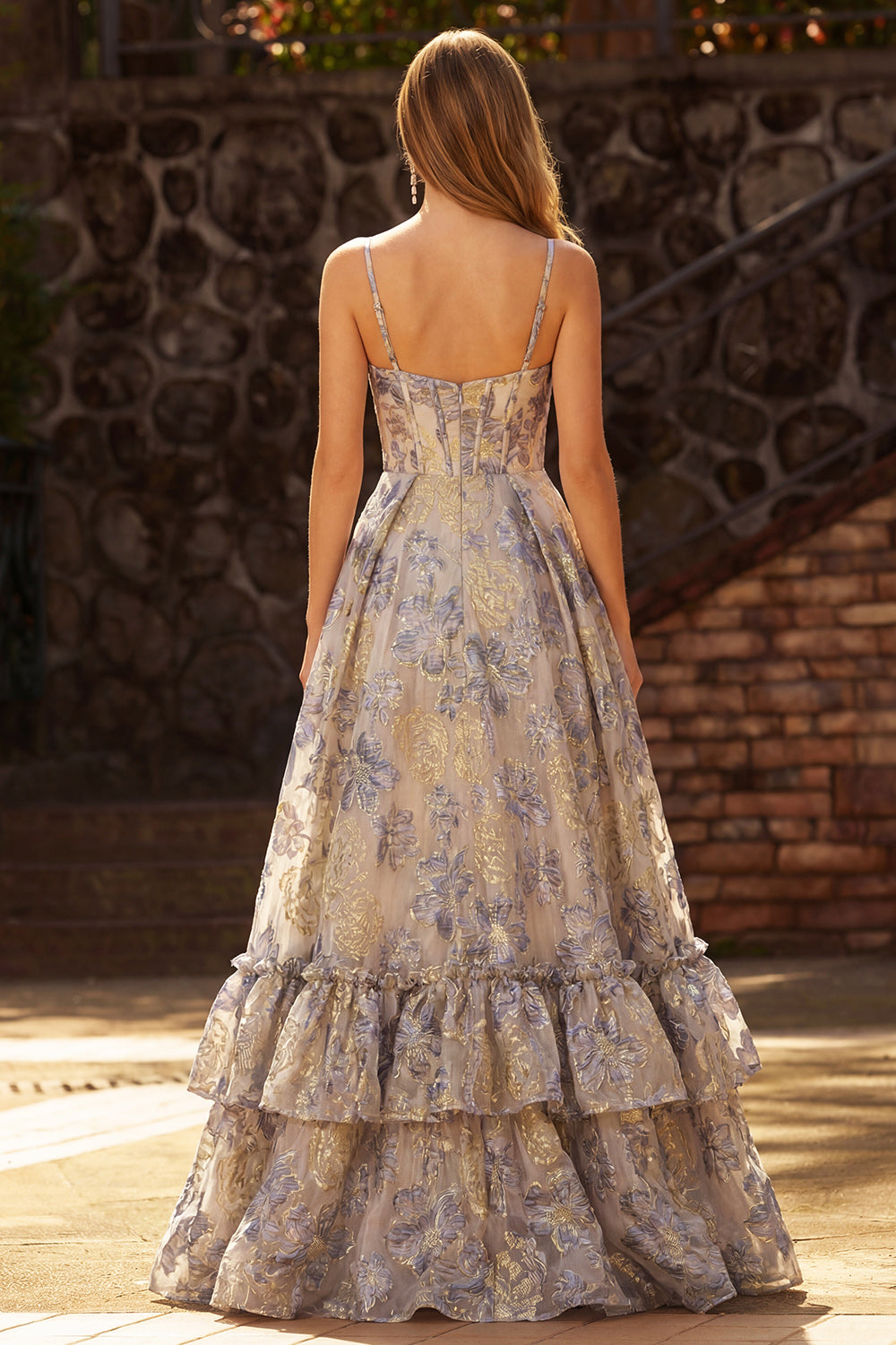 Floral Dusty Blue Spaghetti Straps Ruffled Corset Long Prom Dress with Slit