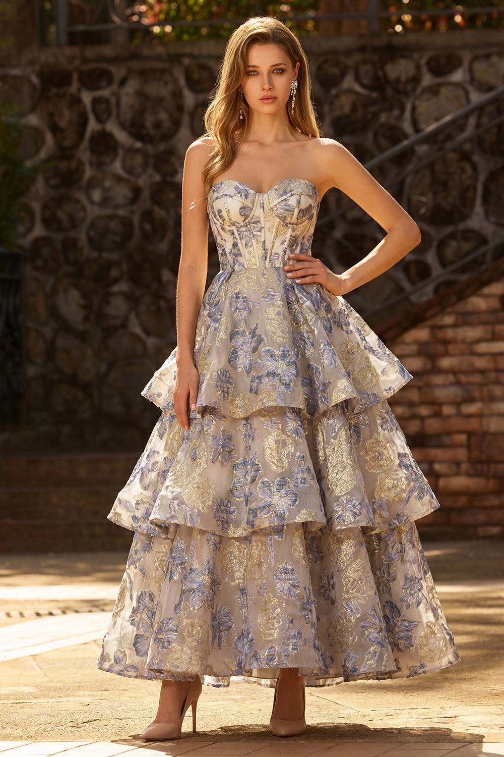 Floral Dusty Blue Jacquard Tiered A-Line Long Corset Prom Dress