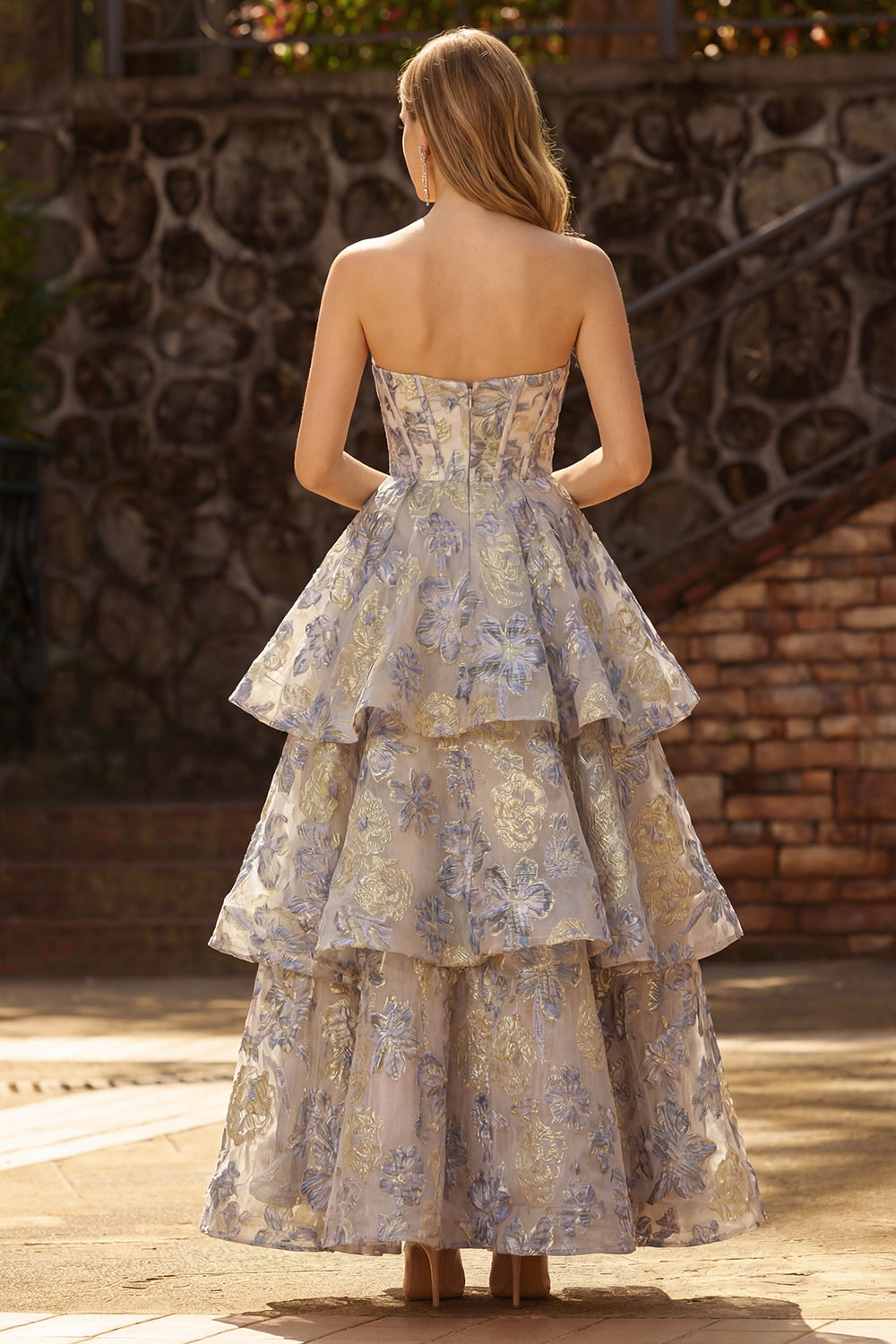 Floral Dusty Blue Jacquard Tiered A-Line Long Corset Prom Dress