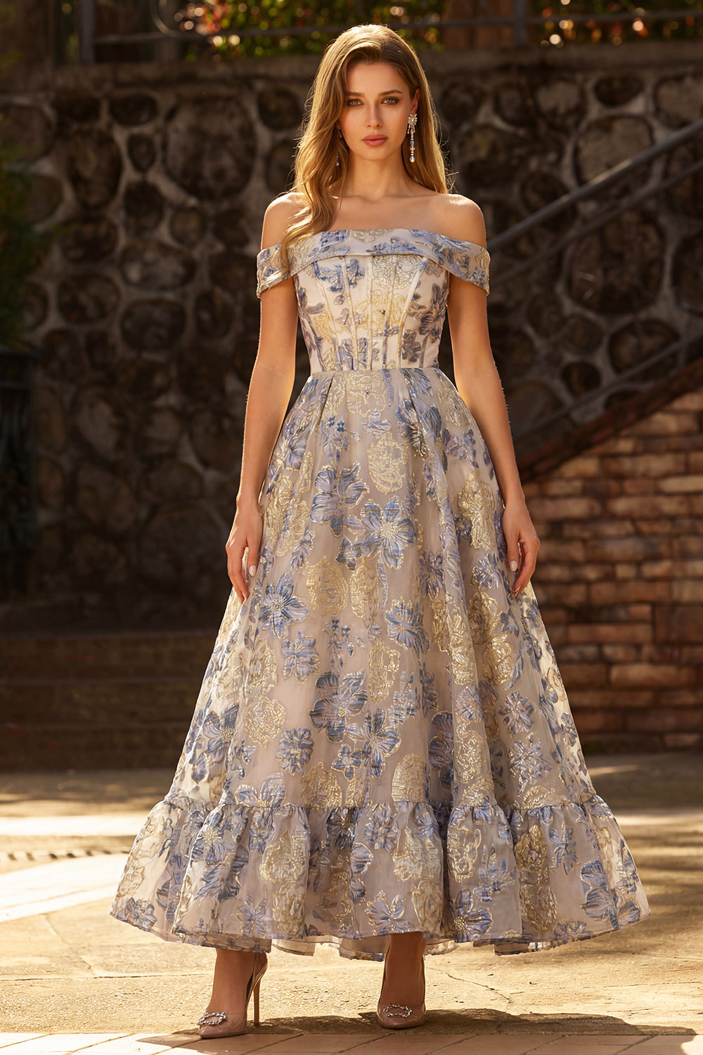 Dusty Blue Floral A-Line Off the Shoulder Long Corset Prom Dress with Ruffles