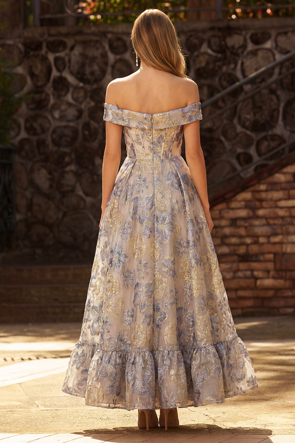 Dusty Blue Floral A-Line Off the Shoulder Long Corset Prom Dress with Ruffles