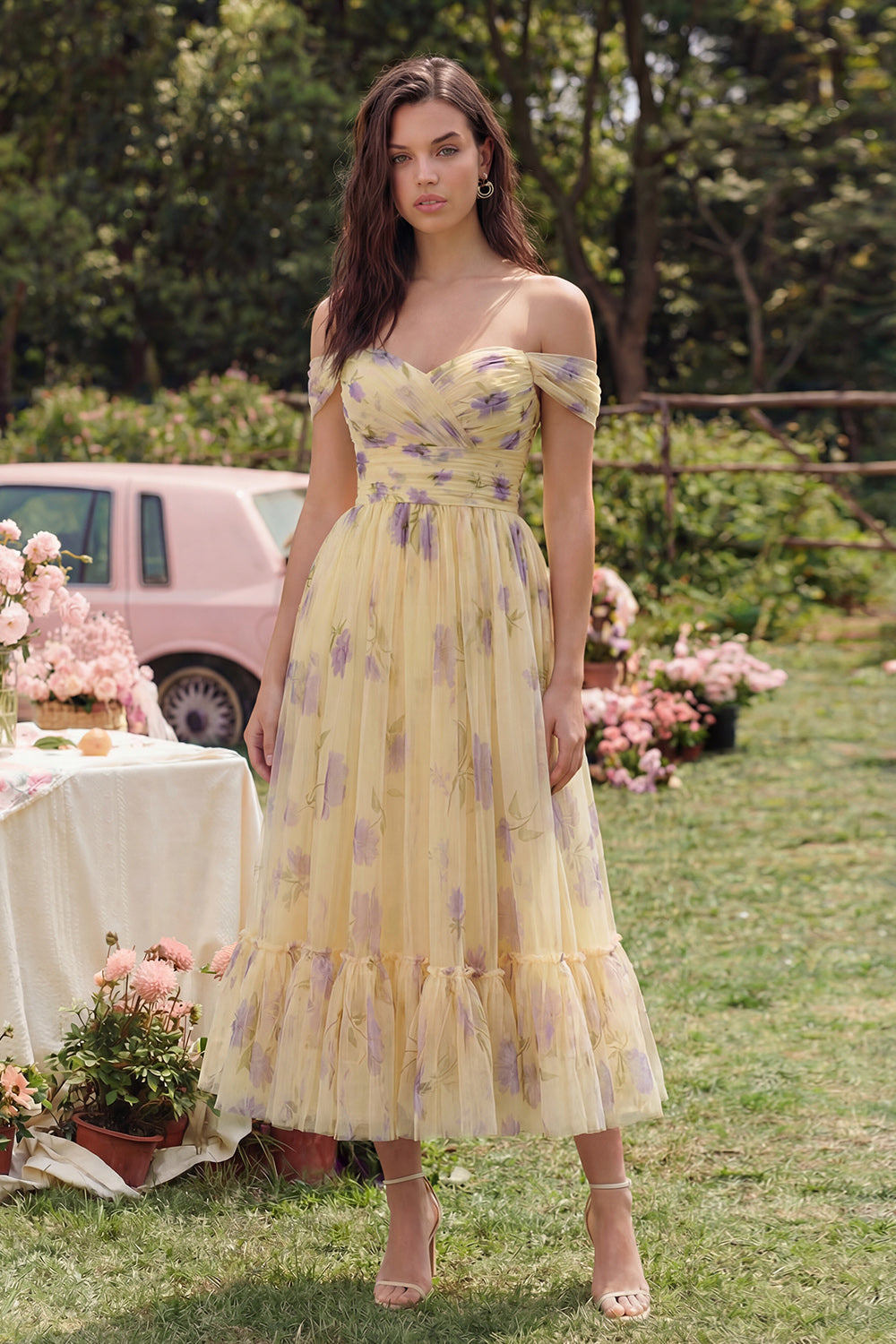 Yellow Off the Shoulder A Line Flower Long Wedding Guest Dress