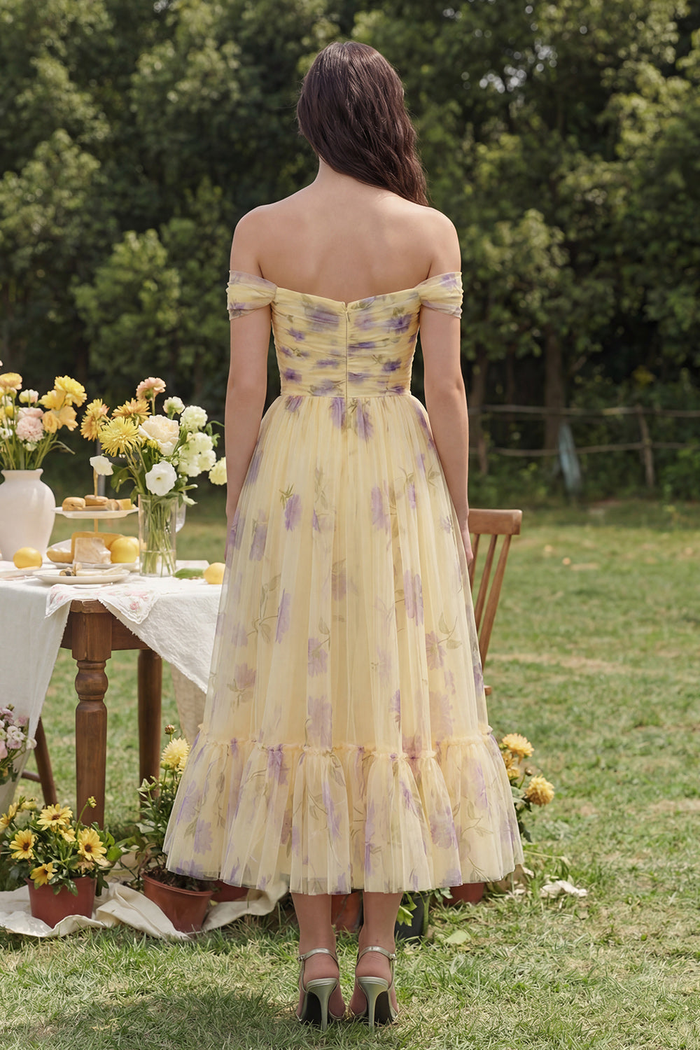 Yellow Off the Shoulder A Line Flower Long Wedding Guest Dress