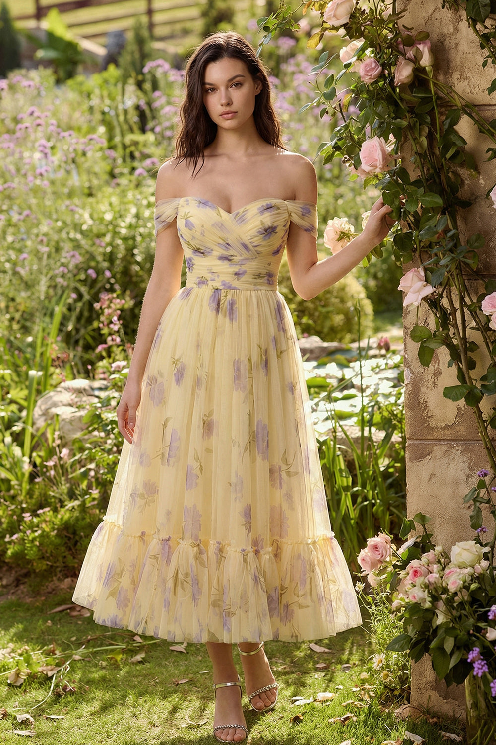 Yellow Off the Shoulder A Line Flower Long Wedding Guest Dress