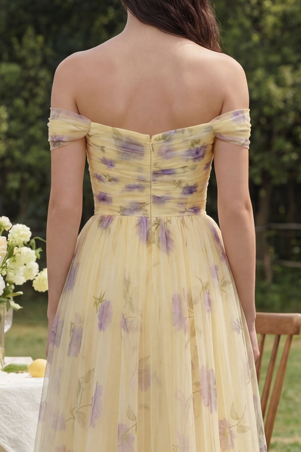 Yellow Off the Shoulder A Line Flower Long Wedding Guest Dress