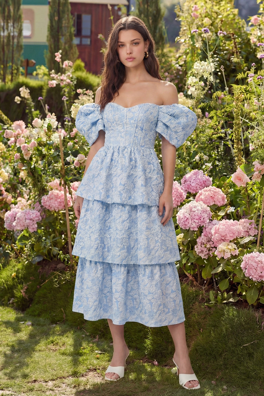 Corset Blue Off the Shoulder A Line Floral Long Wedding Guest Dress with Ruffles