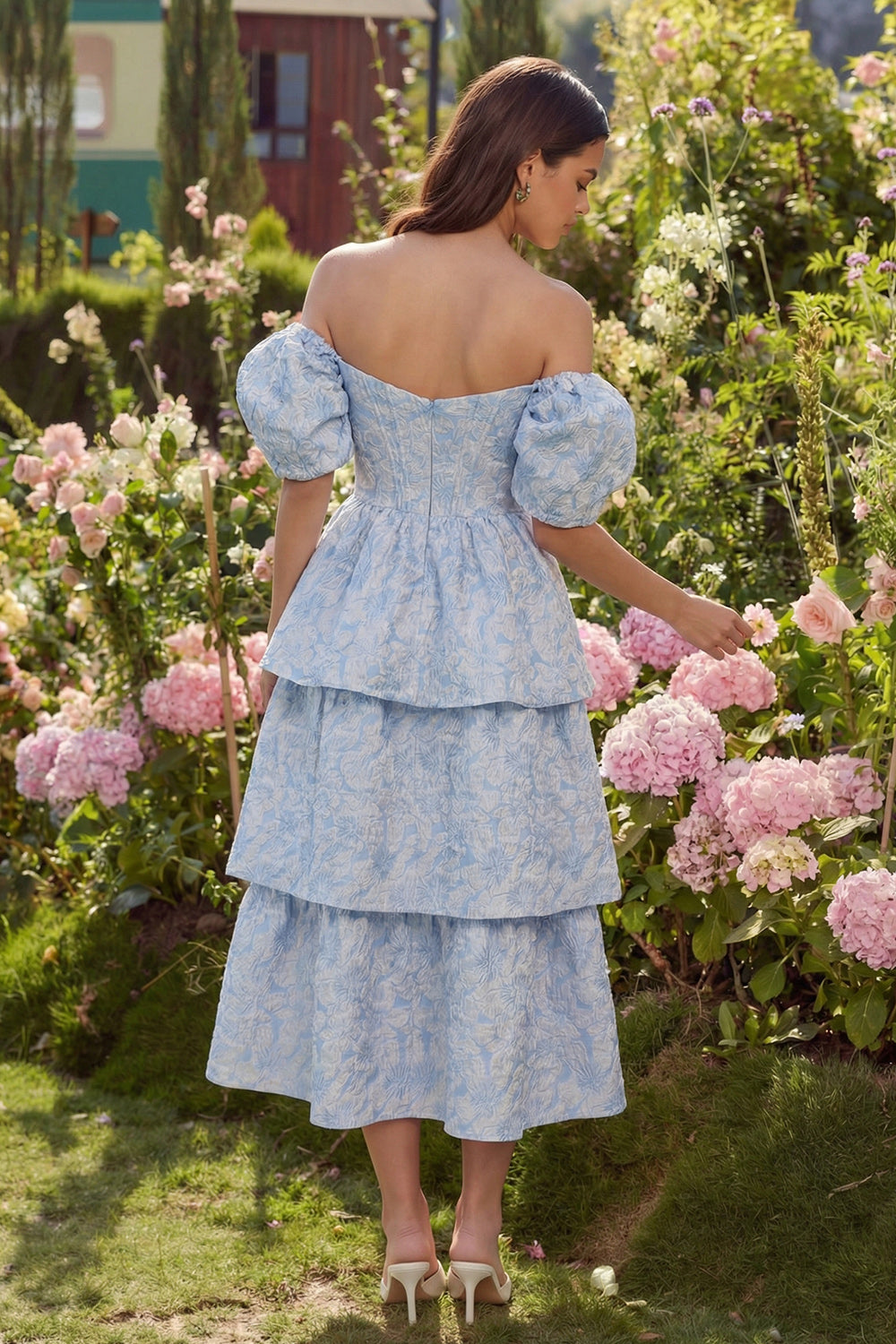 Corset Blue Off the Shoulder A Line Floral Long Wedding Guest Dress with Ruffles