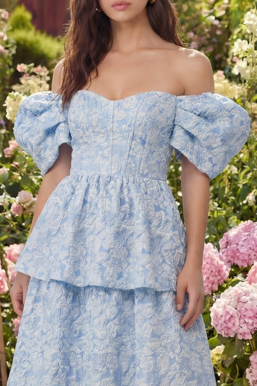 Corset Blue Off the Shoulder A Line Floral Long Wedding Guest Dress with Ruffles
