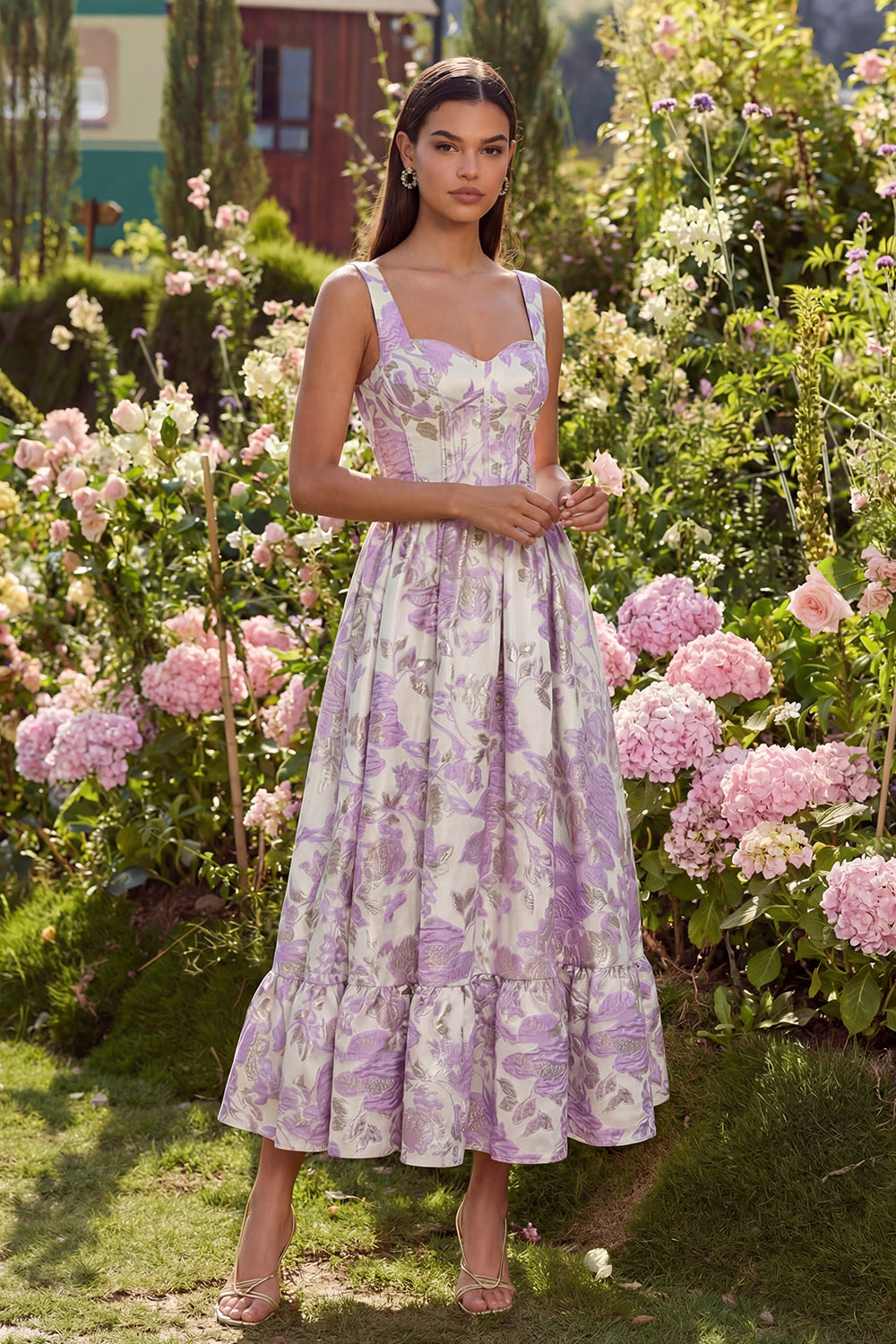 Purple Jacquard Floral A Line Long Corset Wedding Guest Dress